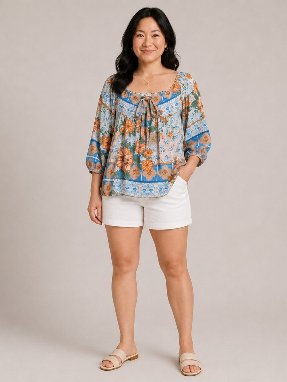 A-248 CATO Floral Boho Tie Front Blouse Smocked Back 18/20W